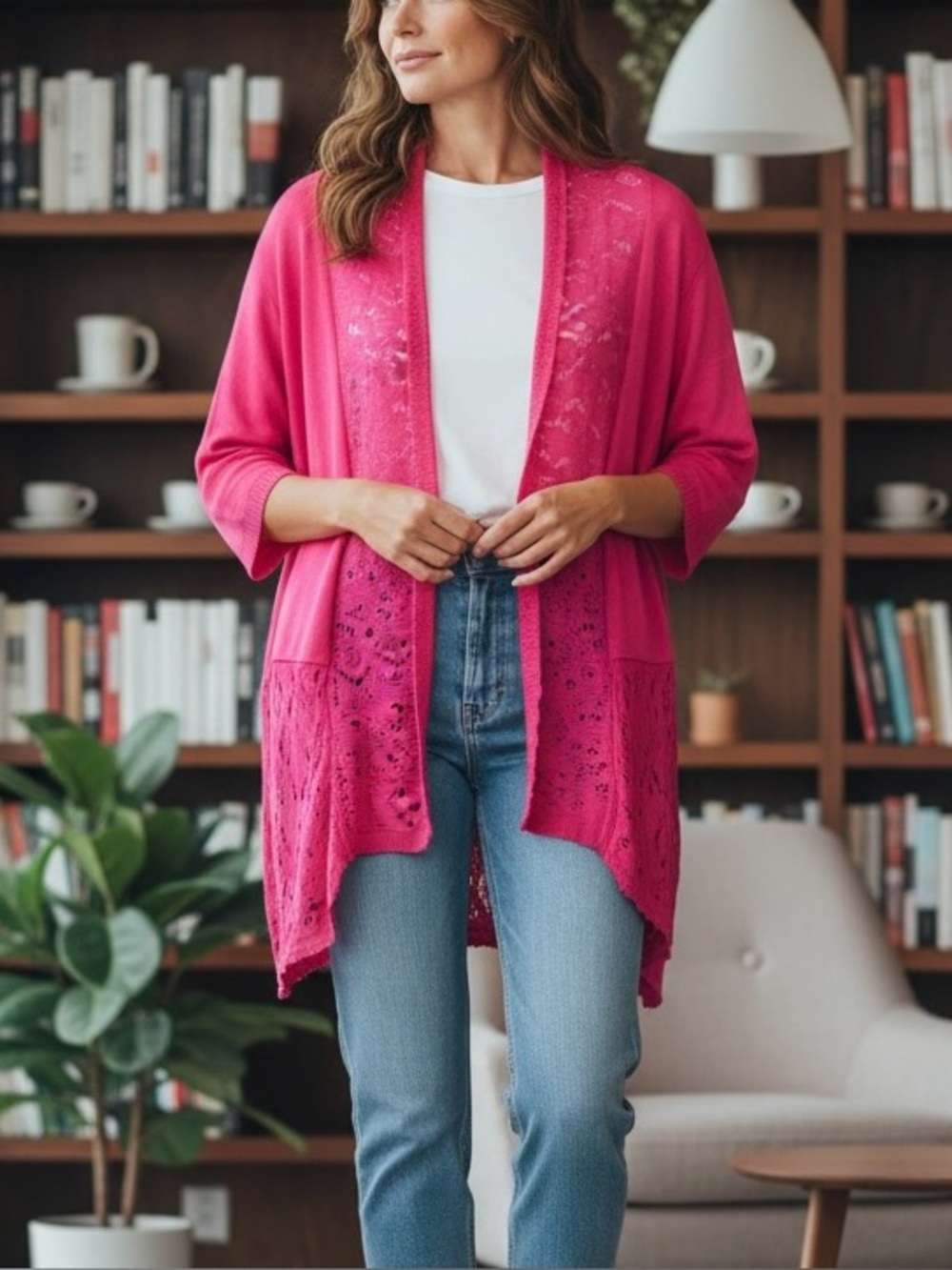 Lane Bryant Lace-Trimmed Open Front Pink Cardigan Sweater Women’s Size 18/20